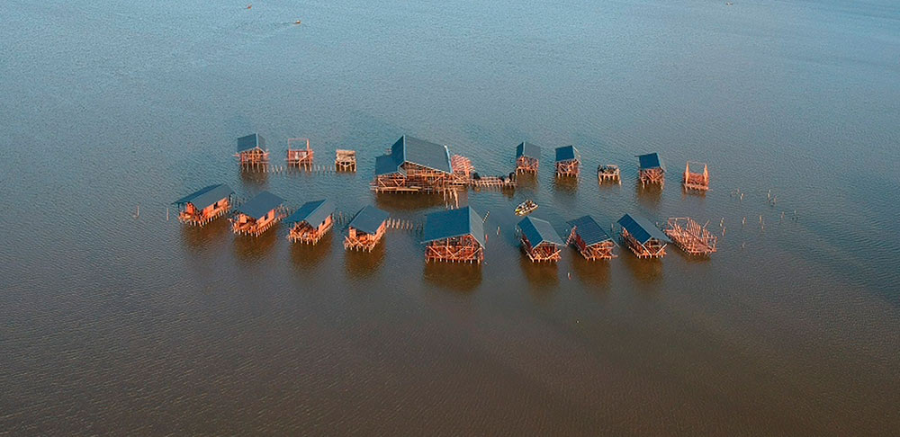 Aerial view of Akira overwater cabins